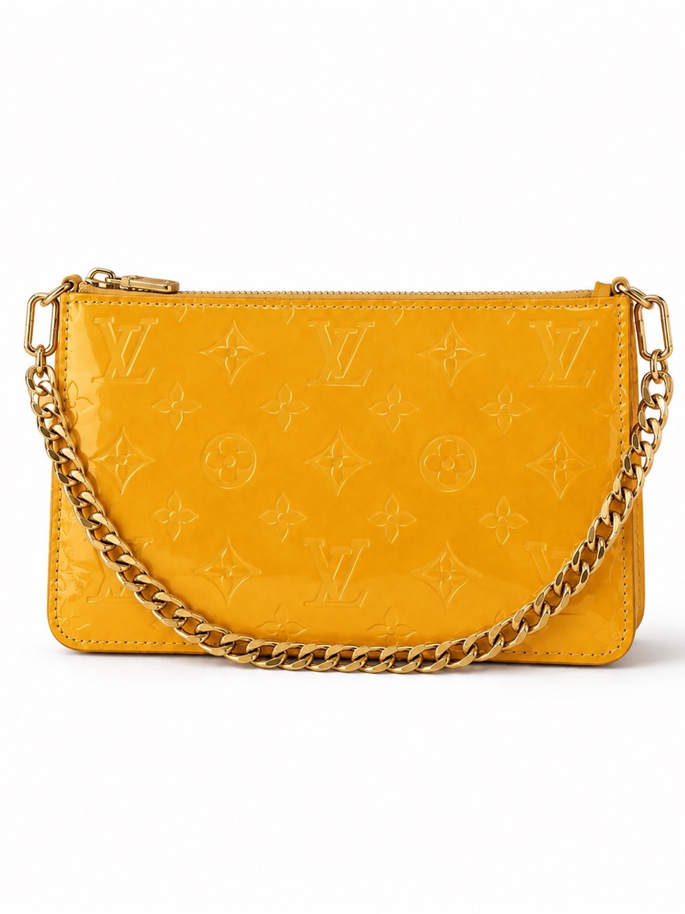 Louis Vuitton Patent Monogram Zip Clutch in Mustard Yellow with Gold Chain